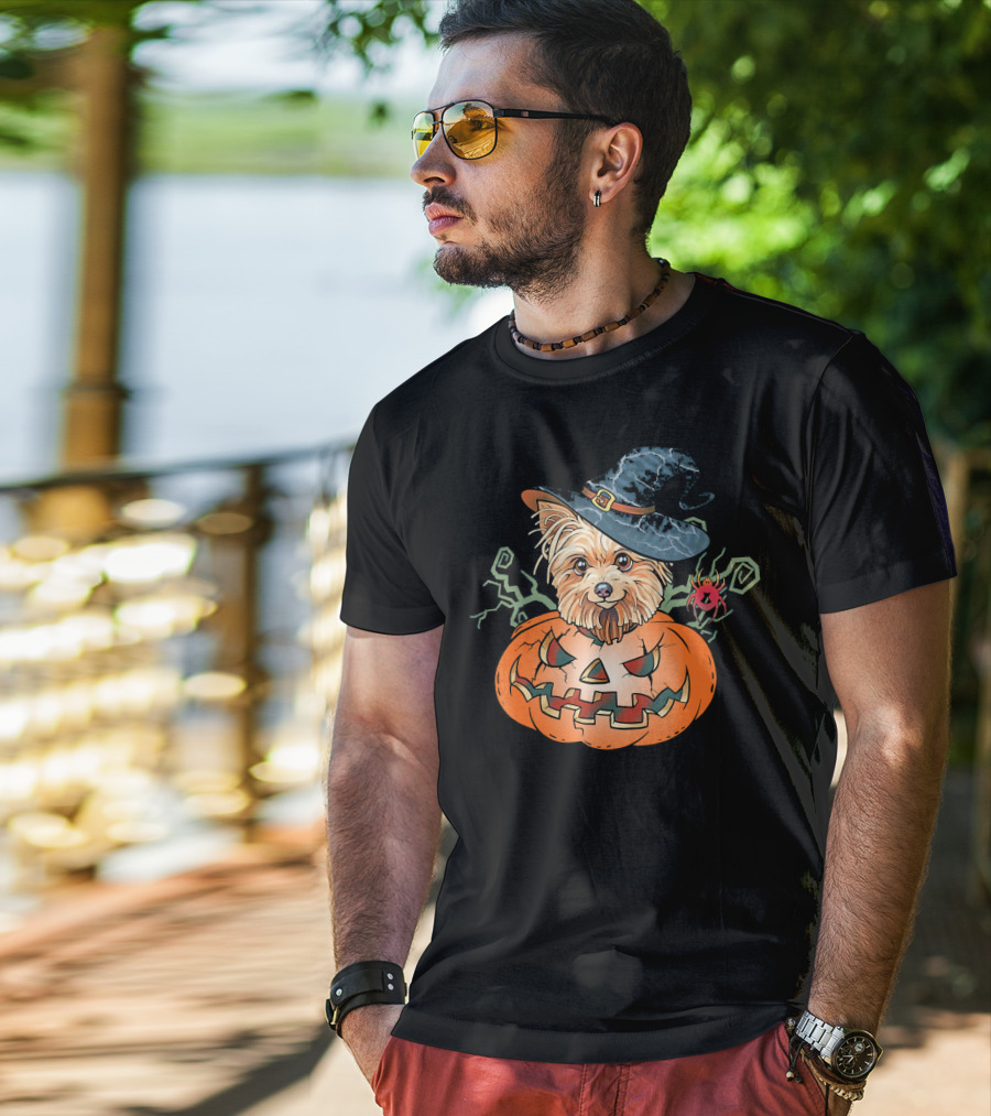 Yorkshire Terrier Witch Hat Pumpkin Halloween T-Shirt