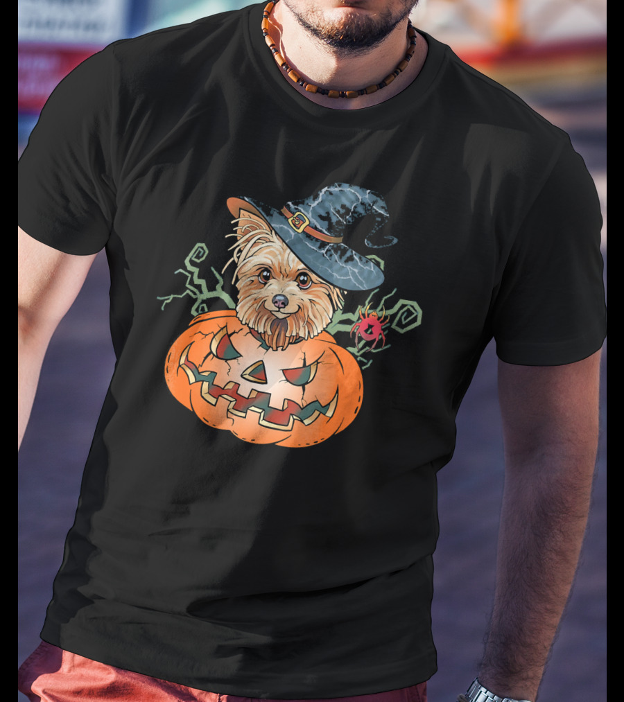 Yorkshire Terrier Witch Hat Pumpkin Halloween T-Shirt