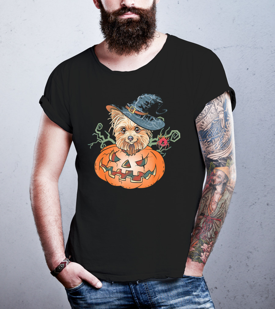 Yorkshire Terrier Witch Hat Pumpkin Halloween T-Shirt