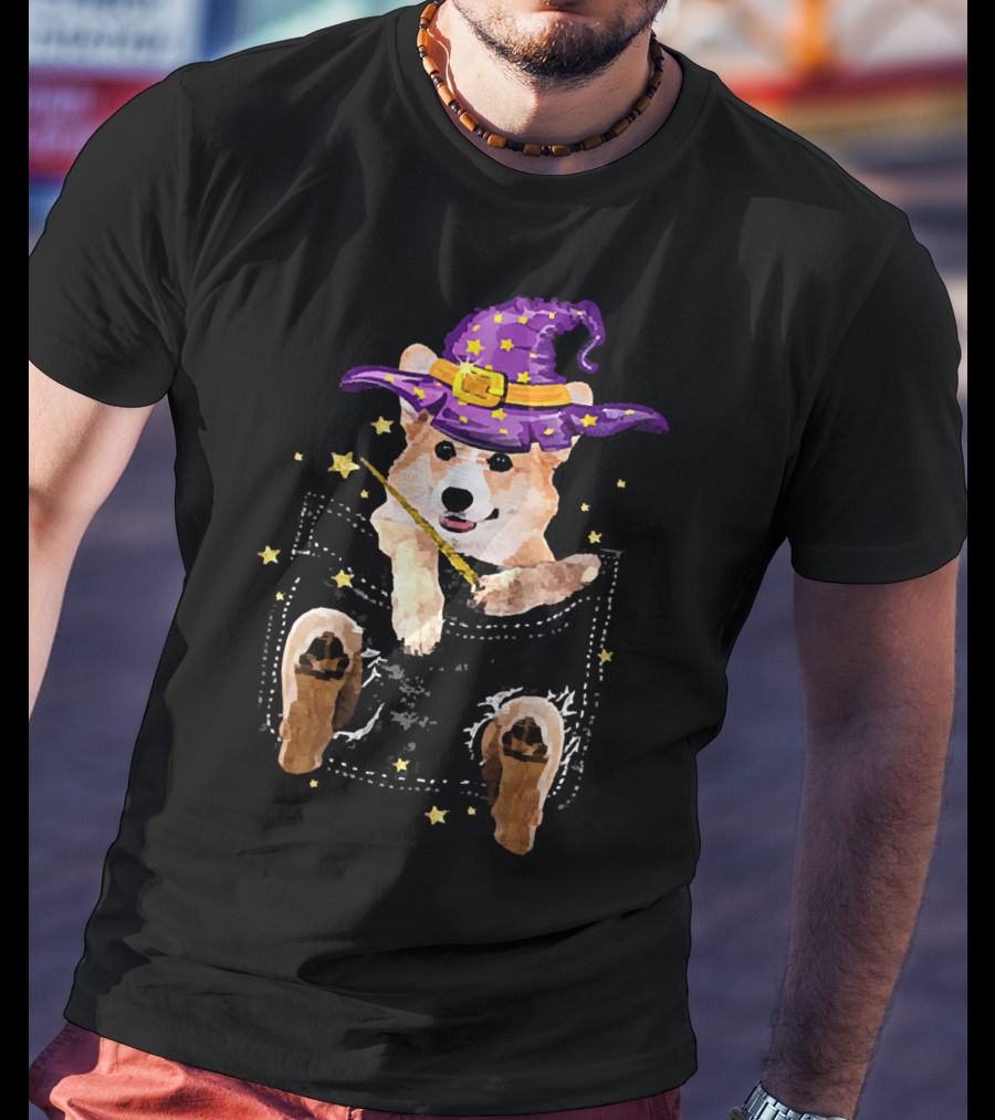Corgi Witch Hat Starry Pocket Magic Wand Corgi T-Shirt