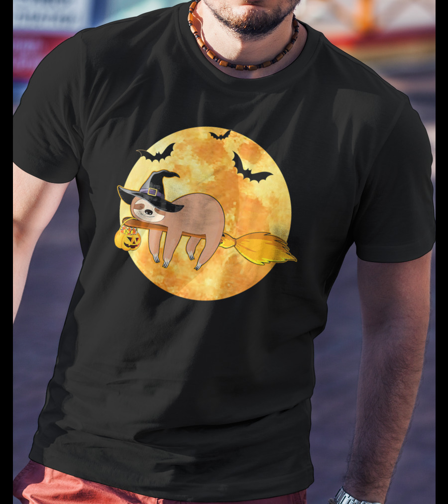 Lazy Sloth Riding Witches Broom With Pumpkin And Full Moon Background T-Shirt