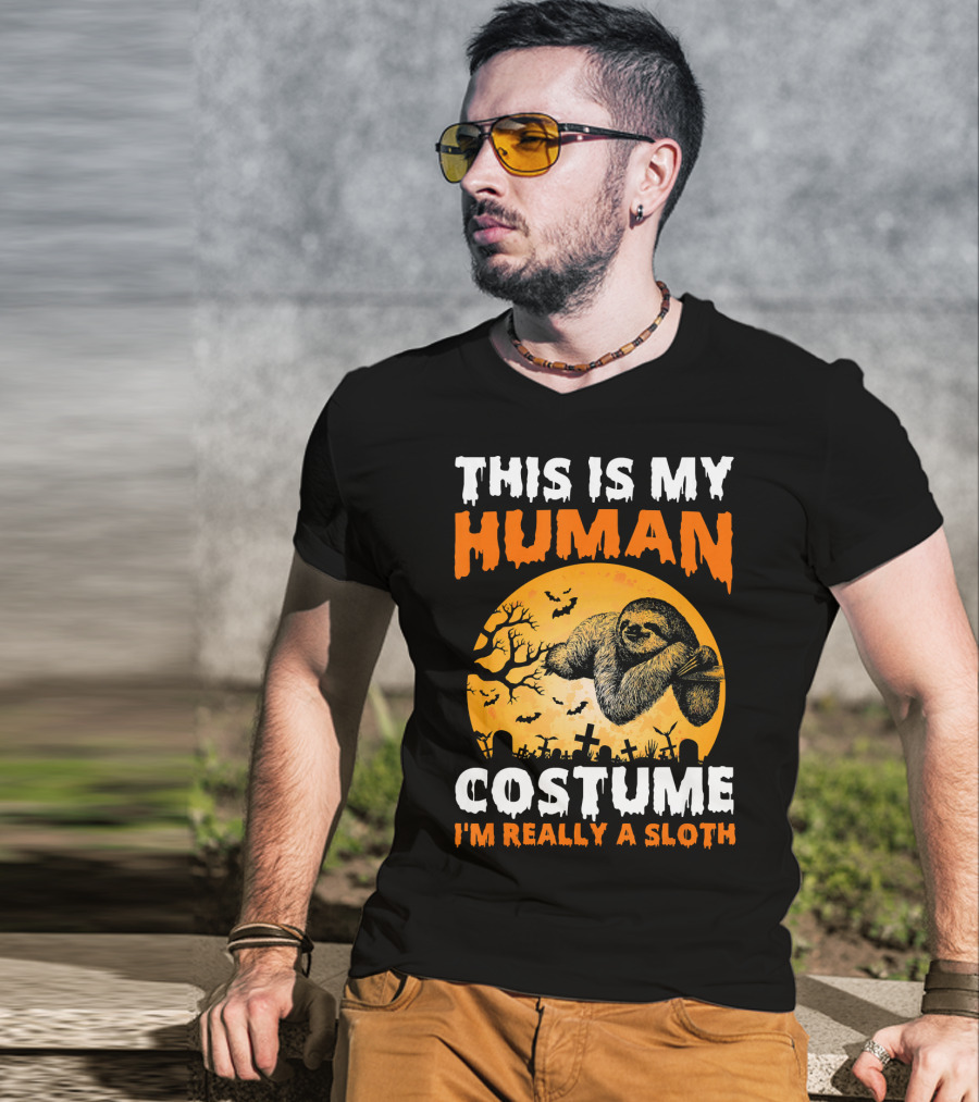 This Is My Human Costume I'm Really A Sloth Halloween Moon Cemetery T-Shirt