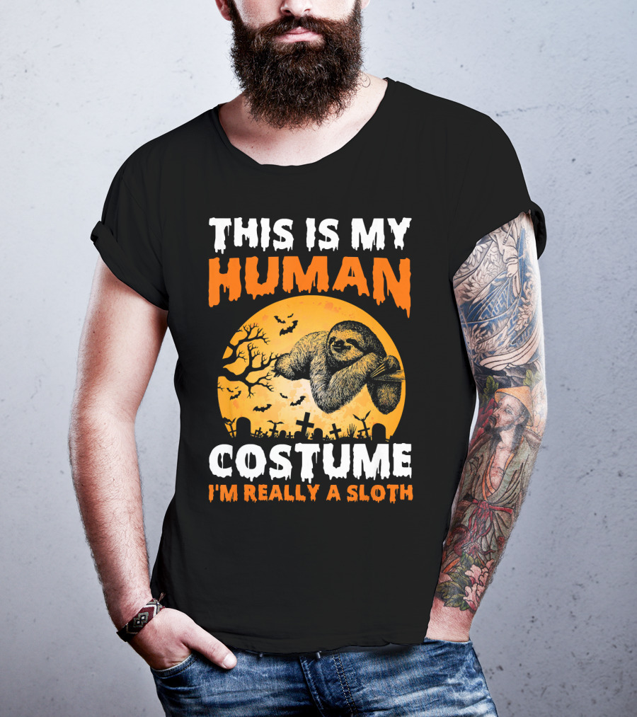 This Is My Human Costume I'm Really A Sloth Halloween Moon Cemetery T-Shirt