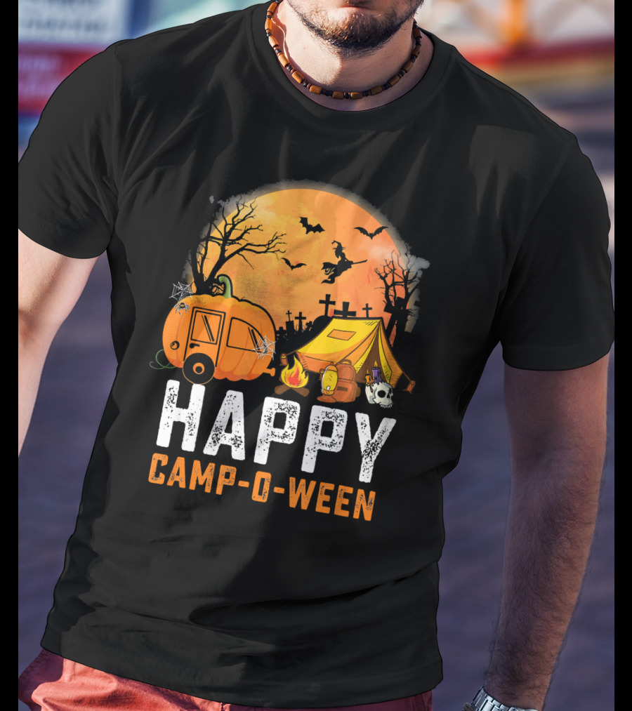 Funny Happy Camp O Ween Camping Halloween Scene With Pumpkin Caravan And Tent T-Shirt
