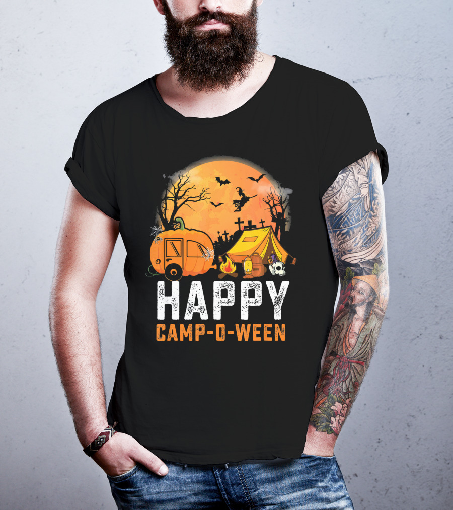 Funny Happy Camp O Ween Camping Halloween Scene With Pumpkin Caravan And Tent T-Shirt