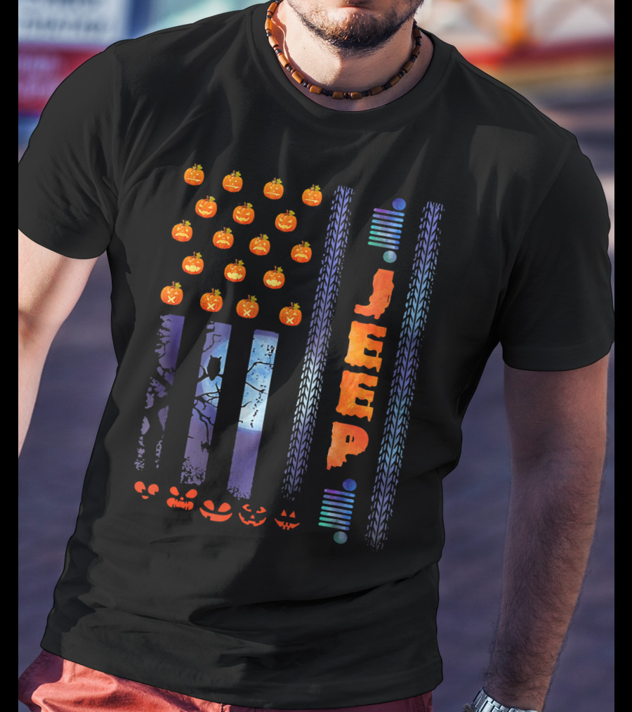 Jeep Halloween Pumpkin USA Flag With Tire Tracks And Spooky Jack-o-Lanterns T-Shirt
