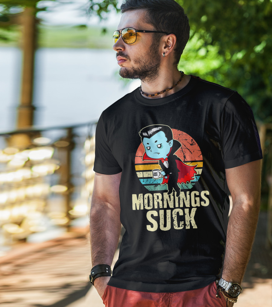 Mornings Suck Cute Funny Vampire With I Hate Mornings Coffee Cup T-Shirt