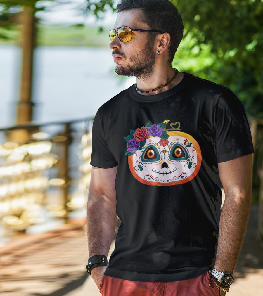 Pumpkin Floral Sugar Skull Jack O Lantern With Flowers T-Shirt