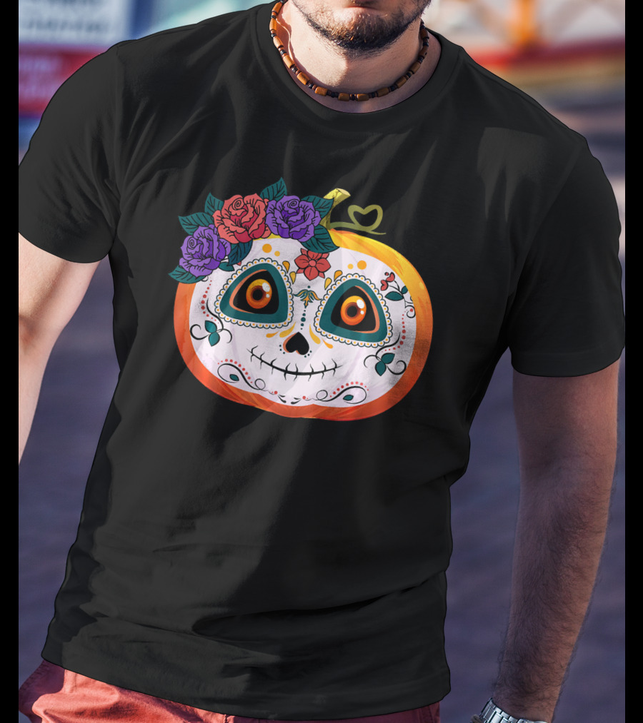 Pumpkin Floral Sugar Skull Jack O Lantern With Flowers T-Shirt