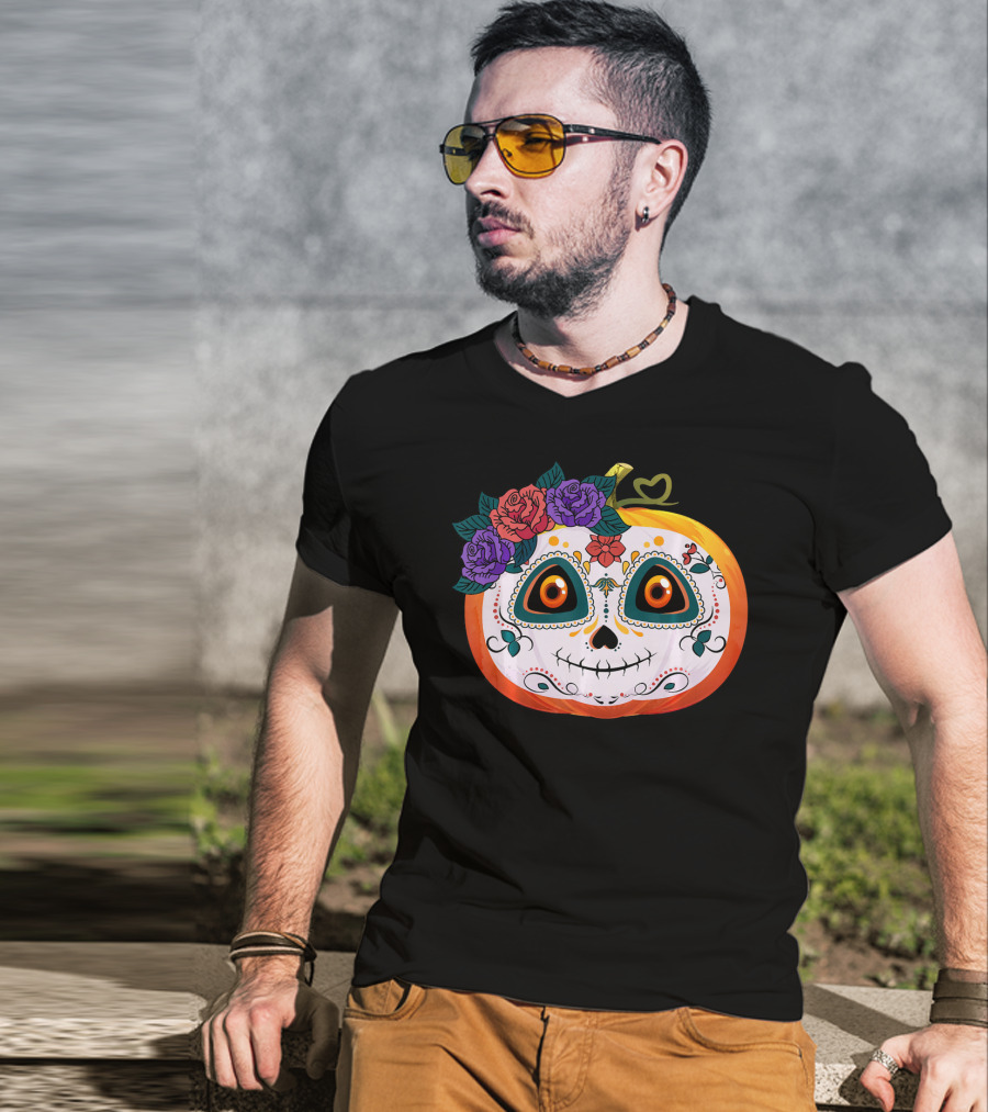 Pumpkin Floral Sugar Skull Jack O Lantern With Flowers T-Shirt