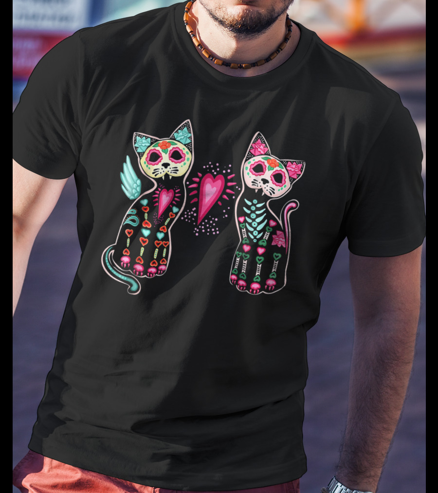 Day Of Dead Sugar Cats Skeleton Skull Winged Heart T-Shirt