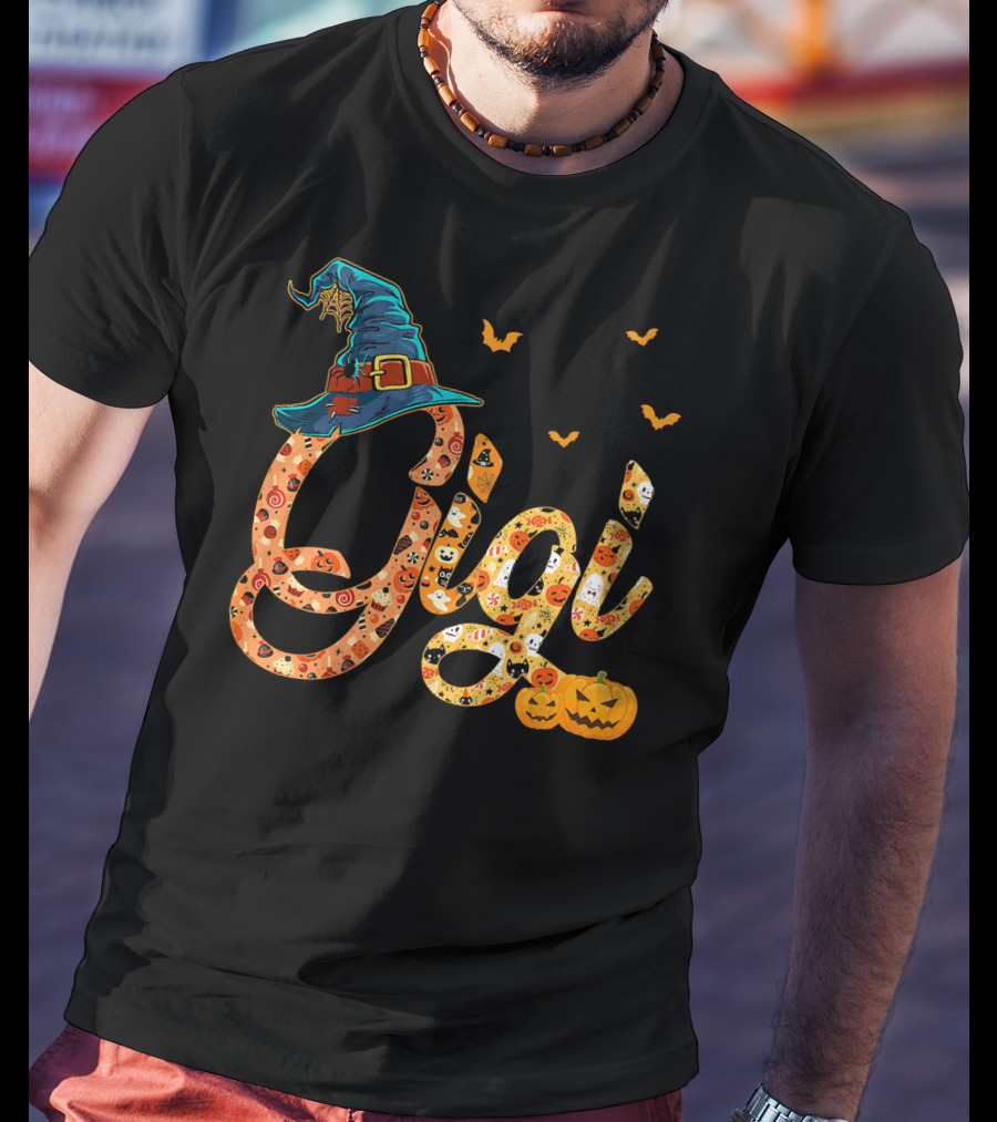 Gigi Funny Halloween Witch Hat Pumpkins Bats T-Shirt