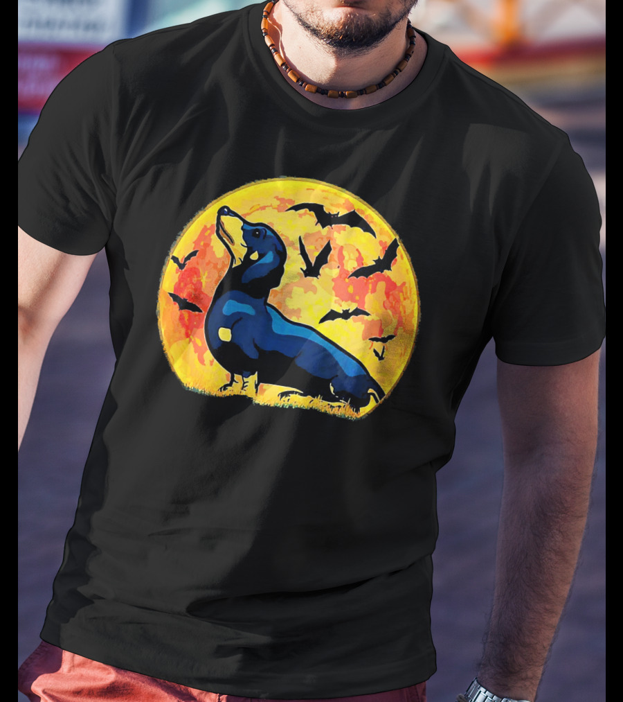 Dachshund Halloween Moon With Flying Bats T-Shirt