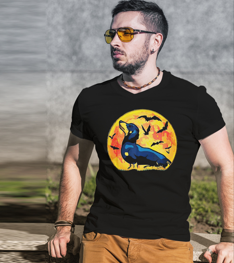 Dachshund Halloween Moon With Flying Bats T-Shirt