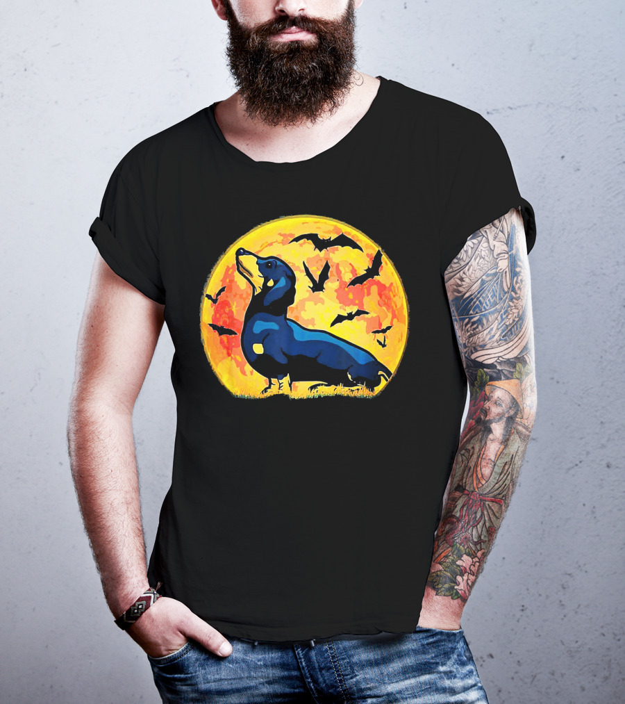 Dachshund Halloween Moon With Flying Bats T-Shirt