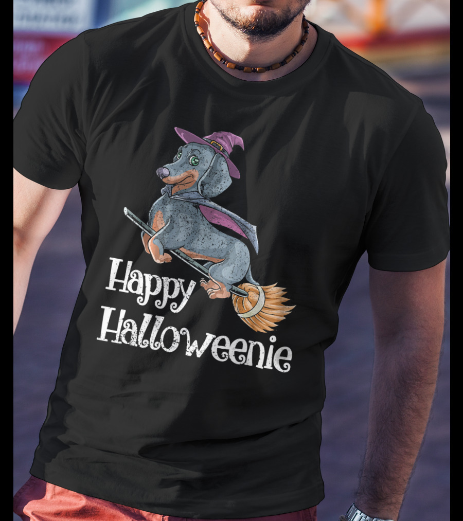 Happy Halloweenie Dachshund Witch Riding Broomstick T-Shirt