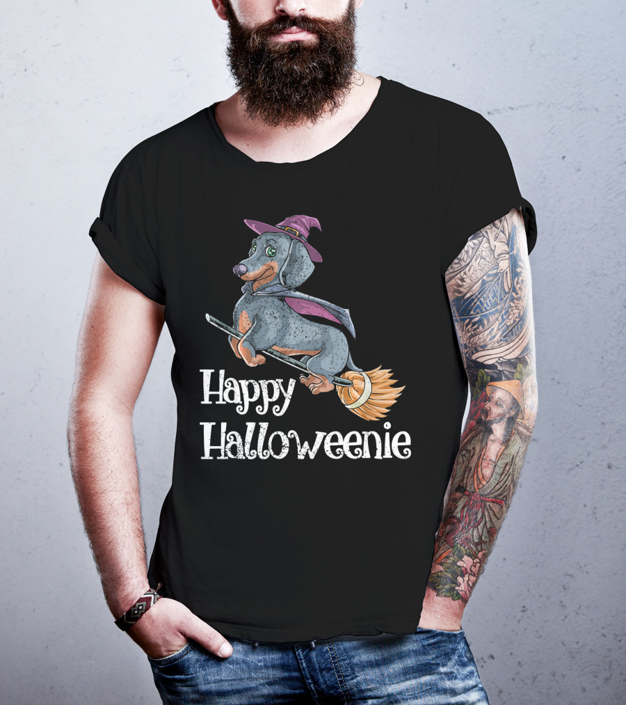 Happy Halloweenie Dachshund Witch Riding Broomstick T-Shirt