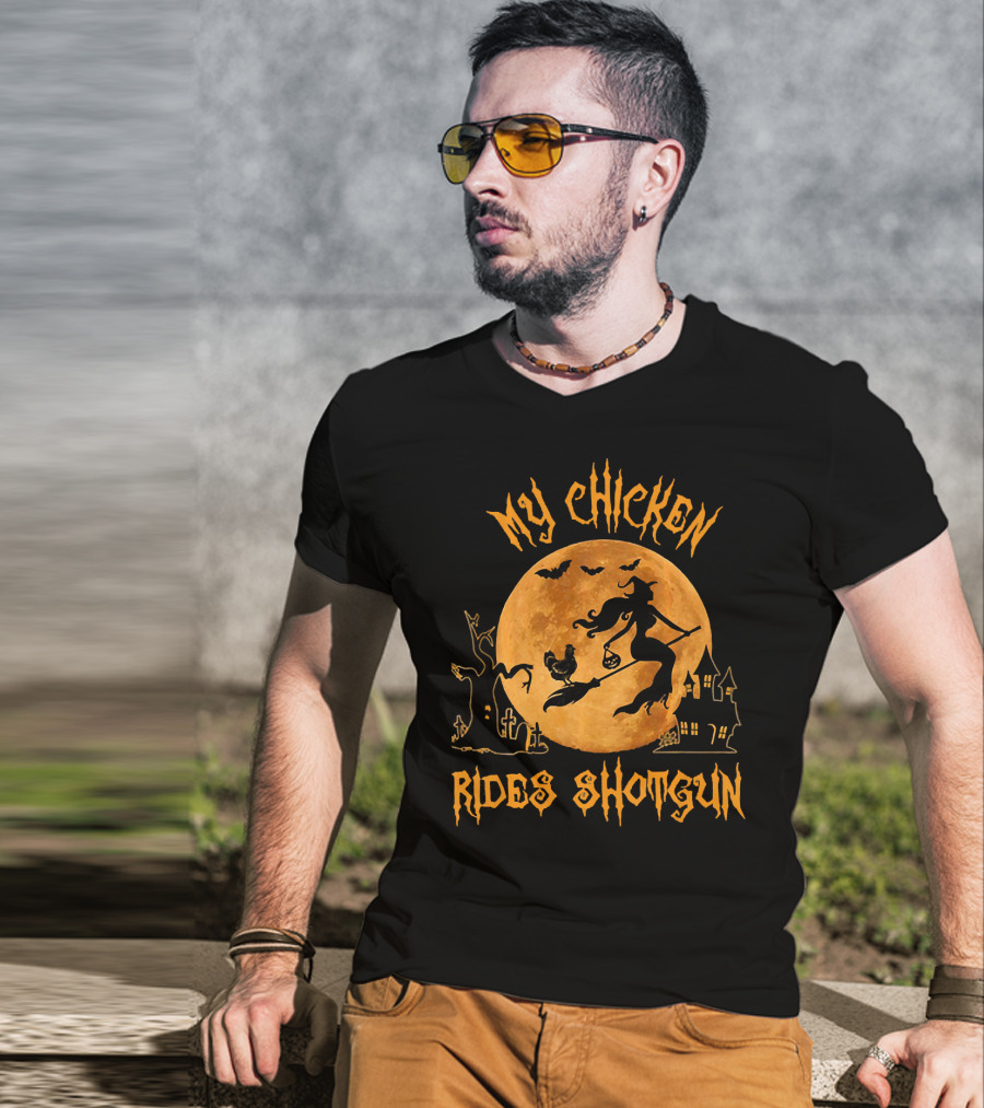 My Chicken Rides Shotgun Halloween Moon Witch Chicken Bats T-Shirt