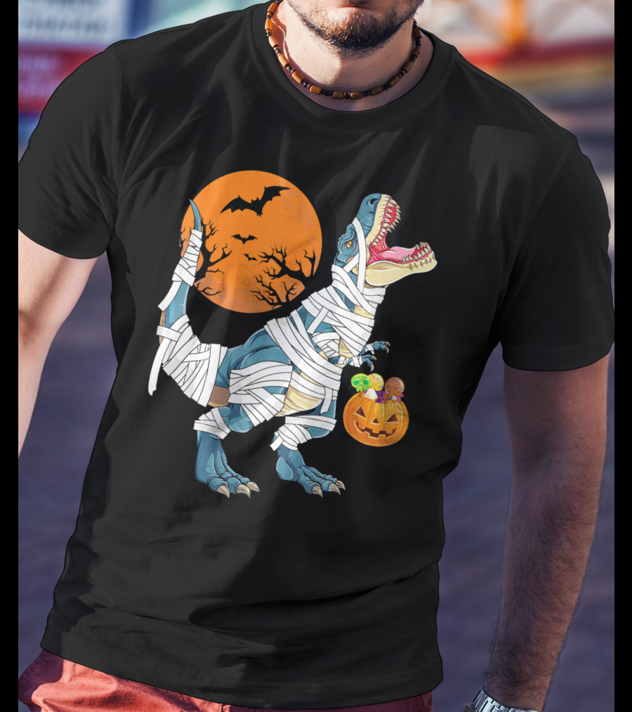 Halloween Dino Girls Kids Mummy Dinosaur Bats Pumpkin Moon T-Shirt