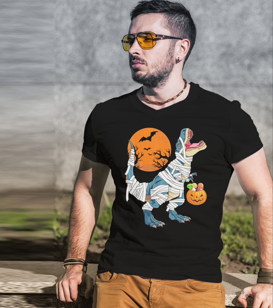 Halloween Dino Girls Kids Mummy Dinosaur Bats Pumpkin Moon T-Shirt