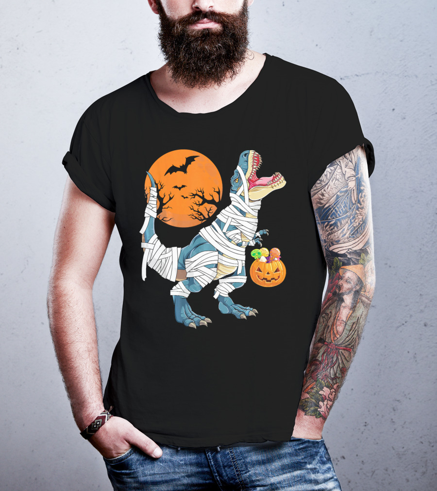 Halloween Dino Girls Kids Mummy Dinosaur Bats Pumpkin Moon T-Shirt