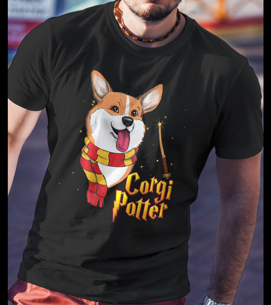 Corgi Potter Cute Harry Pawter Dog With Scarf And Wand T-Shirt