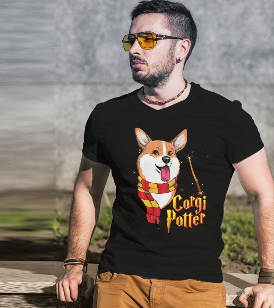 Corgi Potter Cute Harry Pawter Dog With Scarf And Wand T-Shirt
