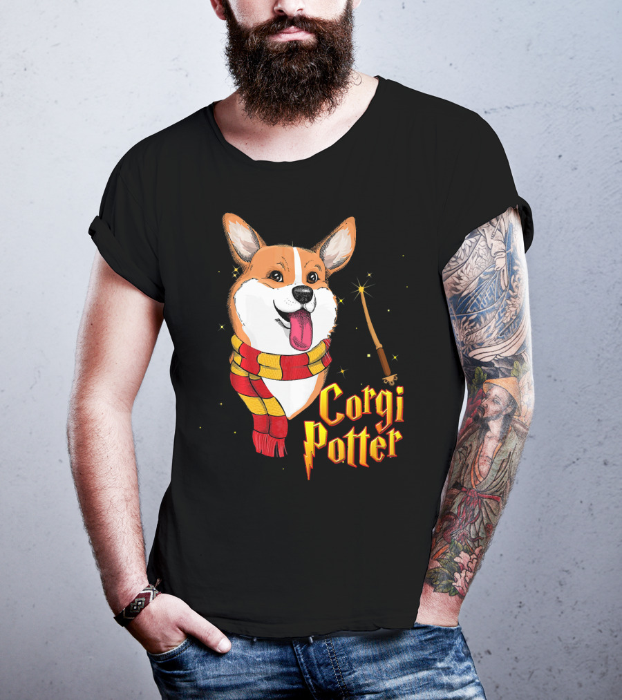 Corgi Potter Cute Harry Pawter Dog With Scarf And Wand T-Shirt