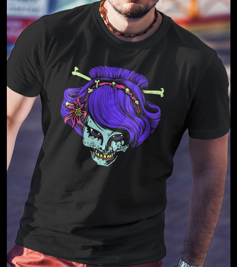 Zombie Geisha Skull With Purple Hair And Bone Hairpins T-Shirt