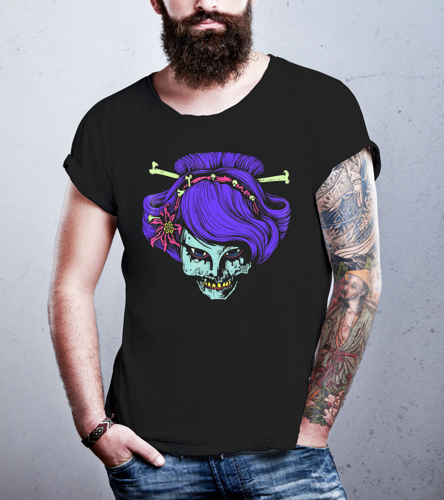 Zombie Geisha Skull With Purple Hair And Bone Hairpins T-Shirt