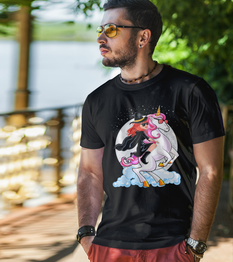 Halloween Witch Riding A Unicorn In Front Of Full Moon T-Shirt