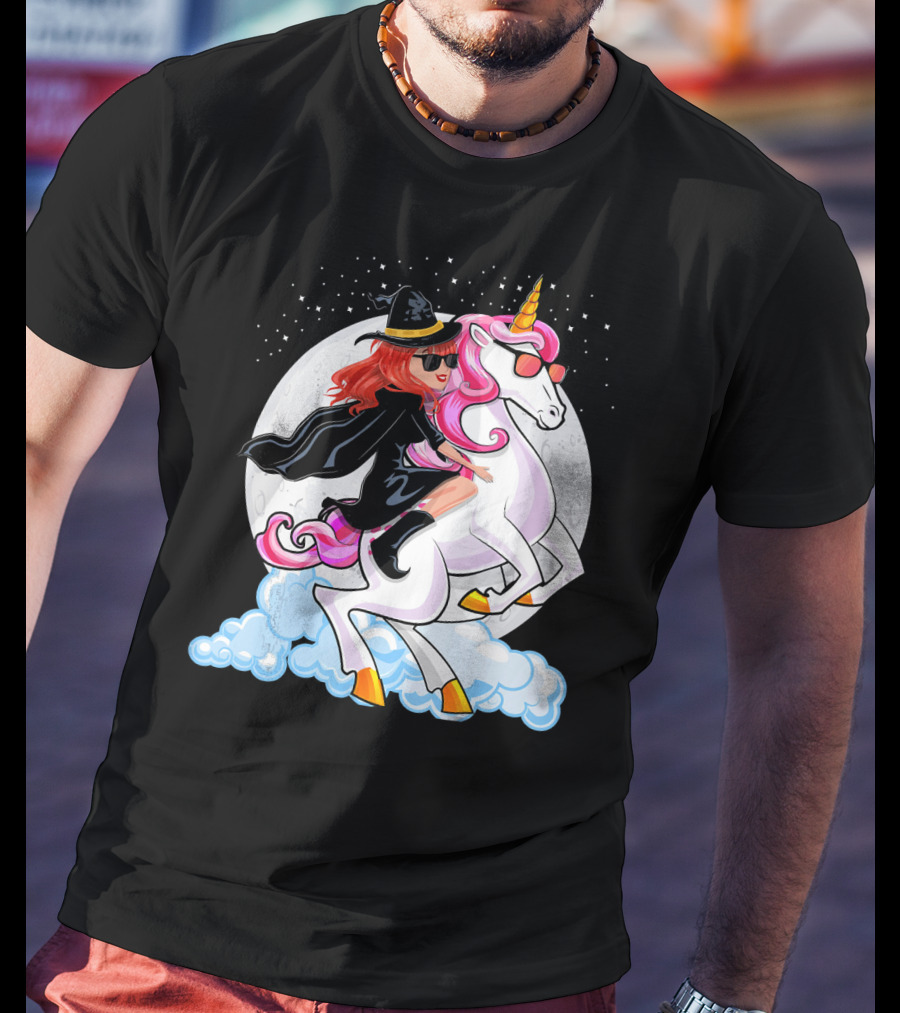 Halloween Witch Riding A Unicorn In Front Of Full Moon T-Shirt