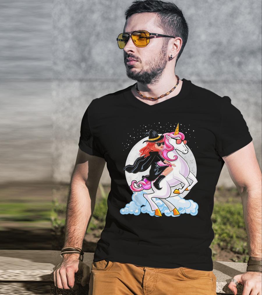 Halloween Witch Riding A Unicorn In Front Of Full Moon T-Shirt