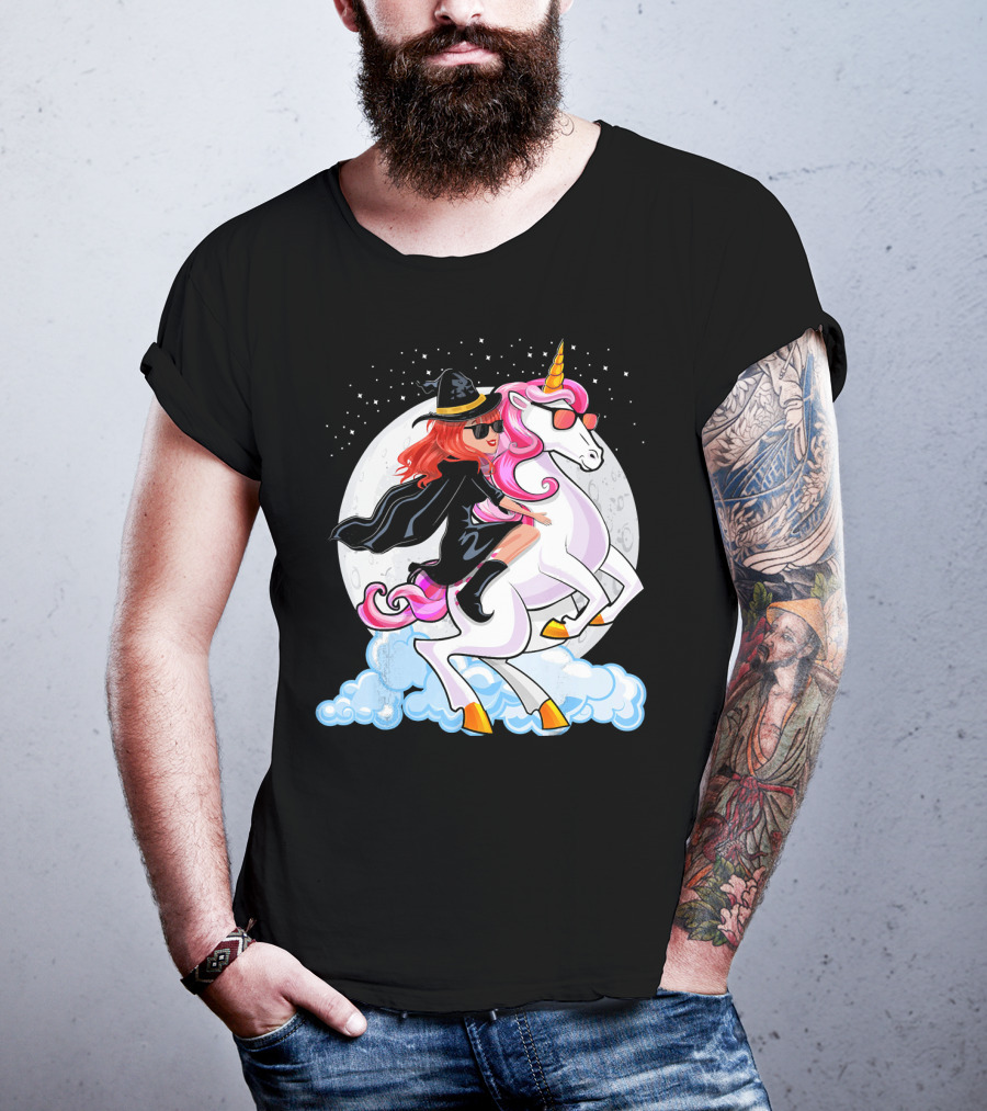 Halloween Witch Riding A Unicorn In Front Of Full Moon T-Shirt