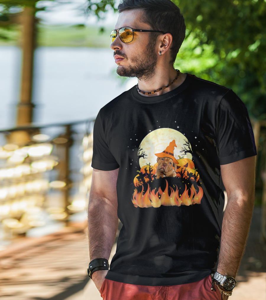 Dogue De Bordeaux Dog Lovers Halloween Full Moon Witch Hat Pumpkin Fire Scene T-Shirt
