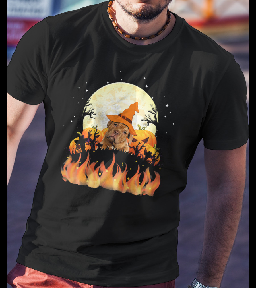 Dogue De Bordeaux Dog Lovers Halloween Full Moon Witch Hat Pumpkin Fire Scene T-Shirt