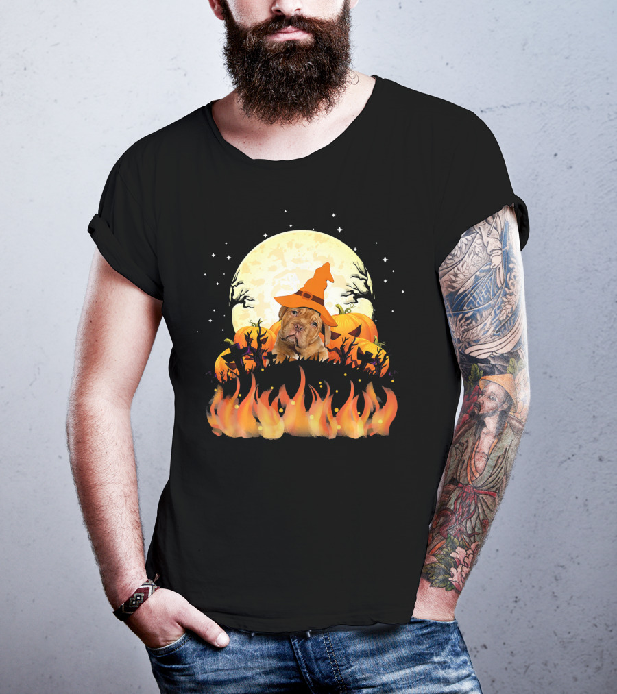 Dogue De Bordeaux Dog Lovers Halloween Full Moon Witch Hat Pumpkin Fire Scene T-Shirt