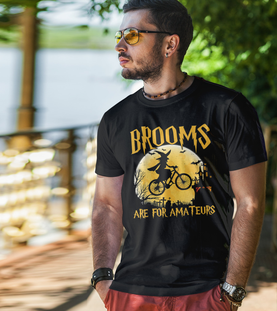 Brooms Are For Amateurs Witch Flying Bike Silhouette Halloween Moon Graveyard T-Shirt