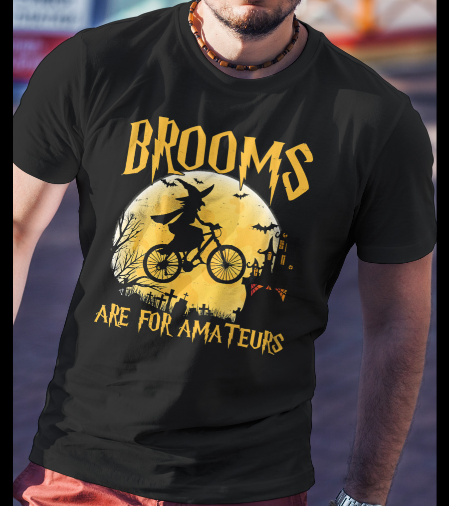 Brooms Are For Amateurs Witch Flying Bike Silhouette Halloween Moon Graveyard T-Shirt