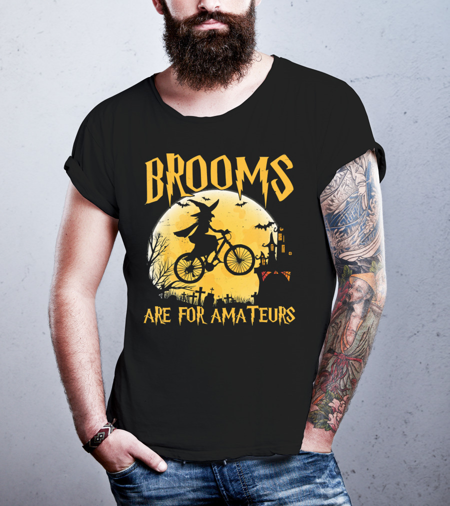 Brooms Are For Amateurs Witch Flying Bike Silhouette Halloween Moon Graveyard T-Shirt