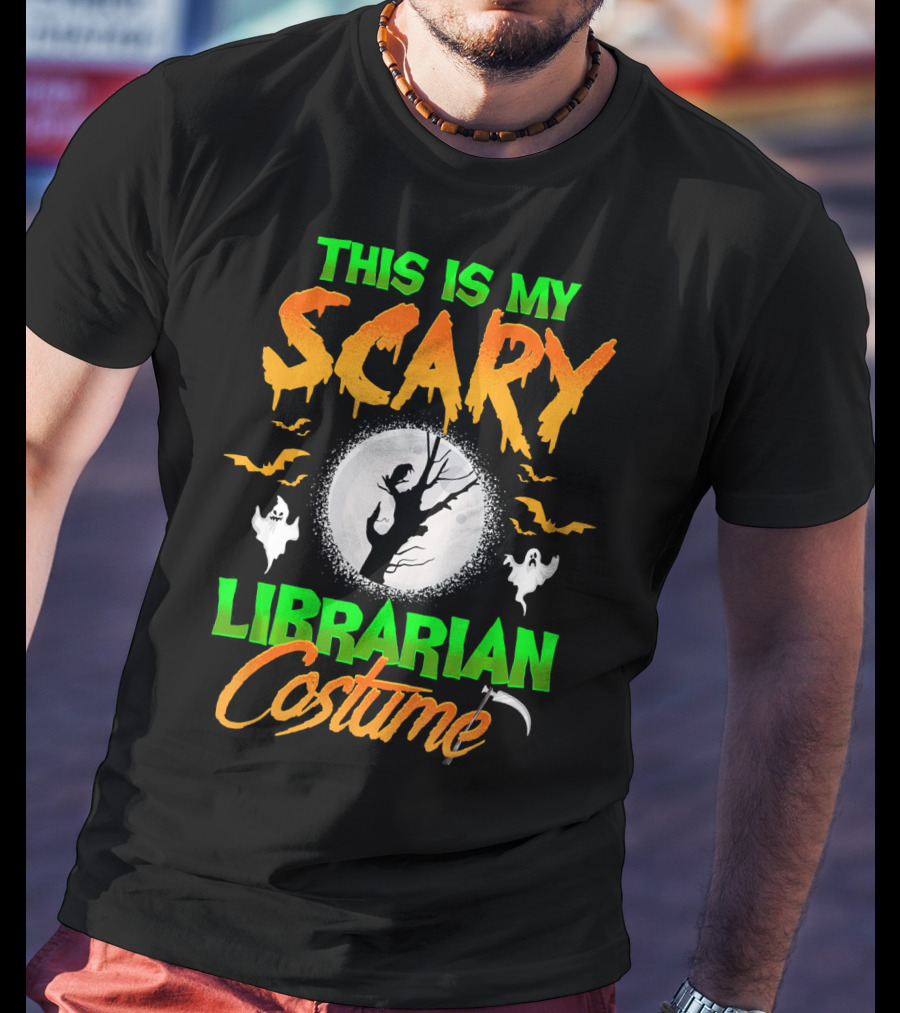 This Is My Scary Librarian Costume Ghosts Bats Moon Grim Reaper Scythe T-Shirt