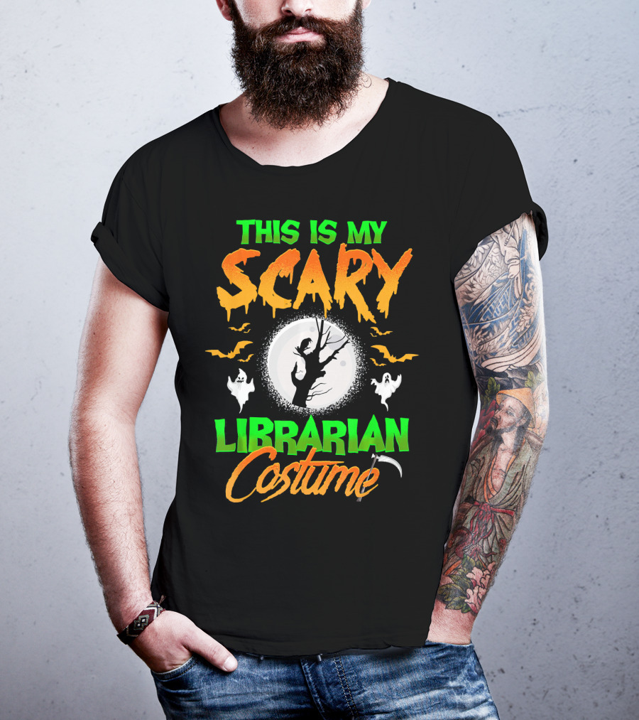 This Is My Scary Librarian Costume Ghosts Bats Moon Grim Reaper Scythe T-Shirt