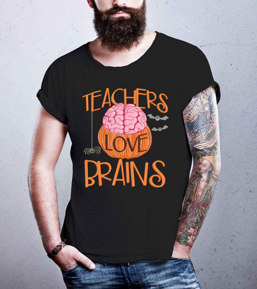 Teachers Love Brains Halloween Pumpkin Bat Spider T-Shirt