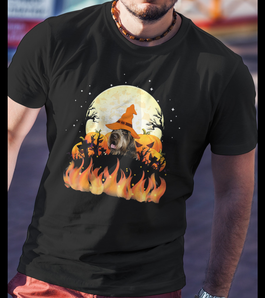 Wirehaired Pointing Griffon Dog Lovers Halloween Witch Hat Pumpkin Fire Moon T-Shirt