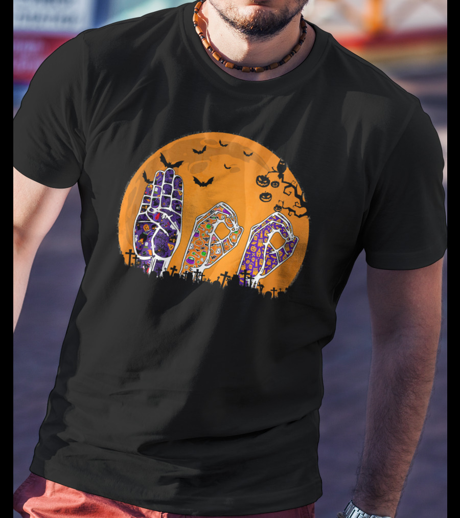 Pride ASL Boo Halloween Sign Language Moon Bats Jack-O'-Lanterns T-Shirt