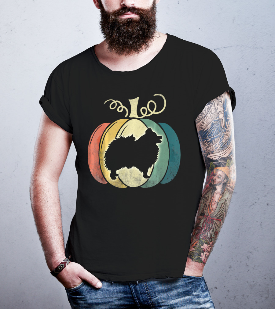 Pomeranian Dog Silhouette Vintage Pumpkin Halloween T-Shirt
