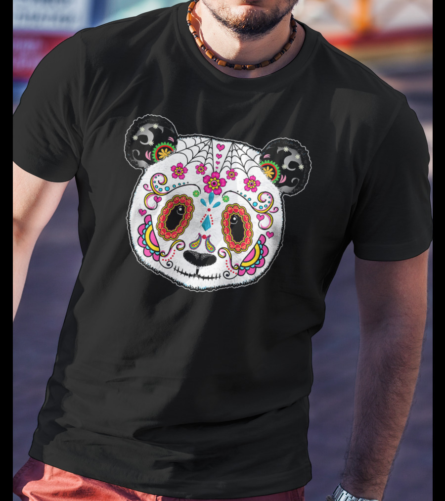 Sugar Skull Panda Day Of The Dead Colorful Floral Skulls T-Shirt