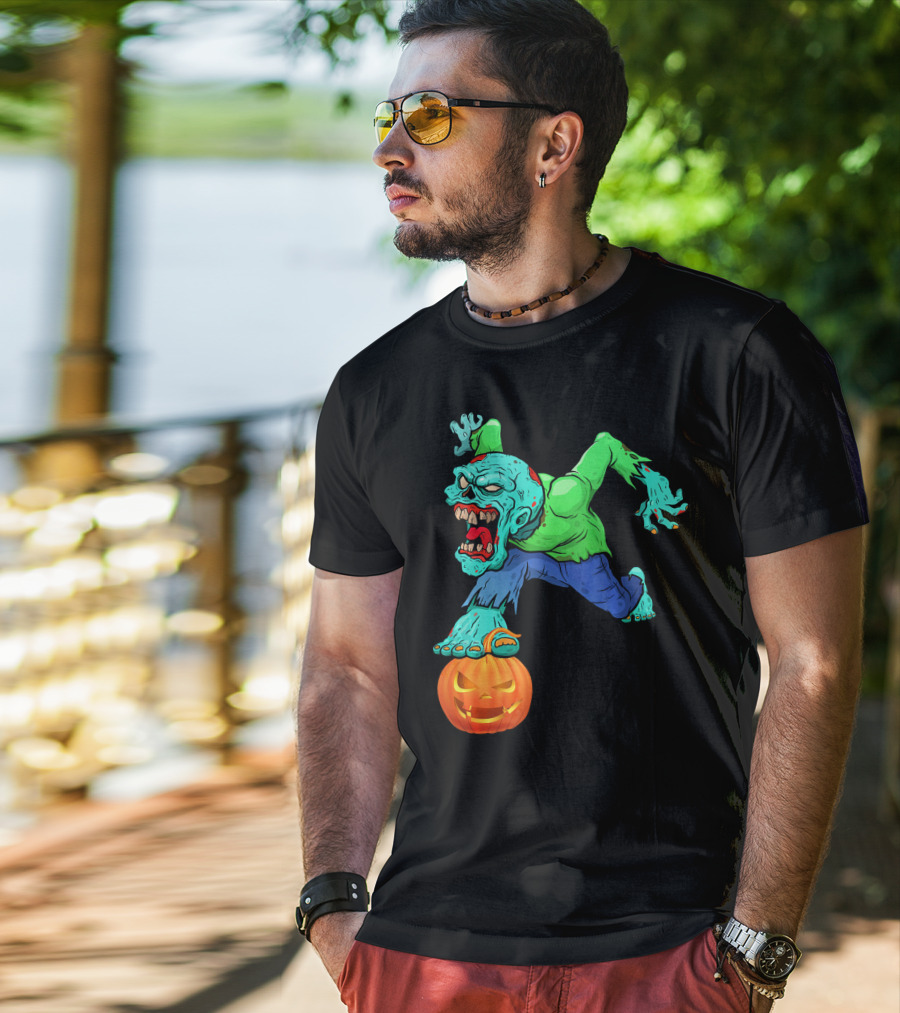 Zombie Leaping Over Grinning Pumpkin T-Shirt