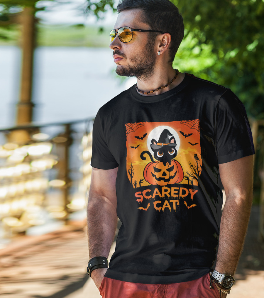 Scaredy Cat Halloween Kitten On Pumpkin With Witch Hat And Bats T-Shirt