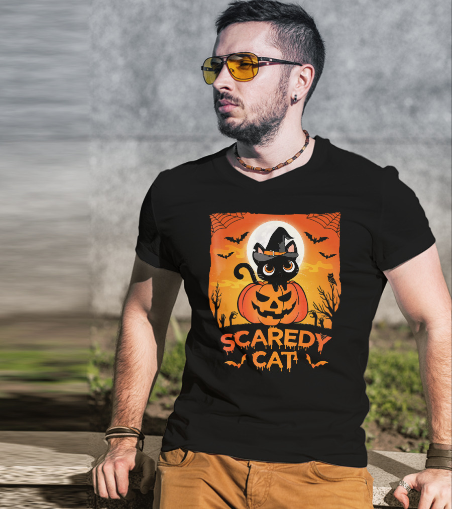 Scaredy Cat Halloween Kitten On Pumpkin With Witch Hat And Bats T-Shirt